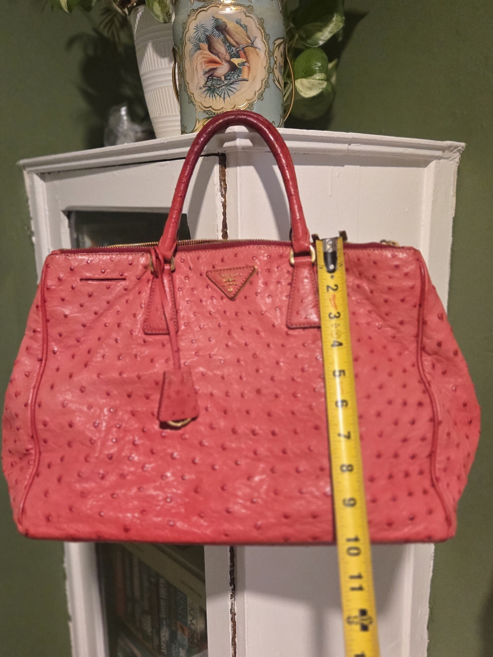 Prada Coral-Red Ostrich-Textured Satchel